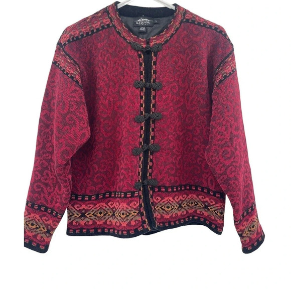 Icelandic Designs Sweater Floral Women Size Large Red Wool Blend Cardigan Lined - Picture 2 of 16